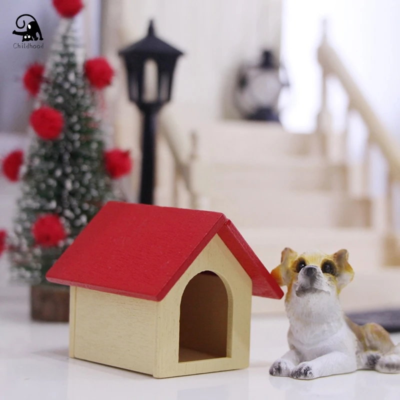 

Dollhouse Scene Display Dog House Toy Accessories Mini Wooden Pet Kennel Decoration Model Kids Toy Gift