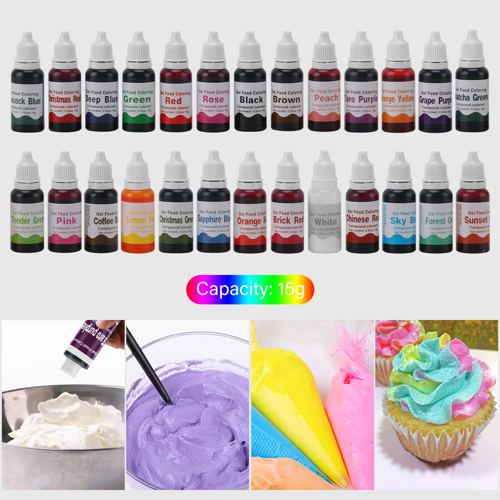 Colorante alimentario en gel, 15 colores sin sabor, colorante alimentario  concentrado comestible vibrante para decoración de pasteles, galletas