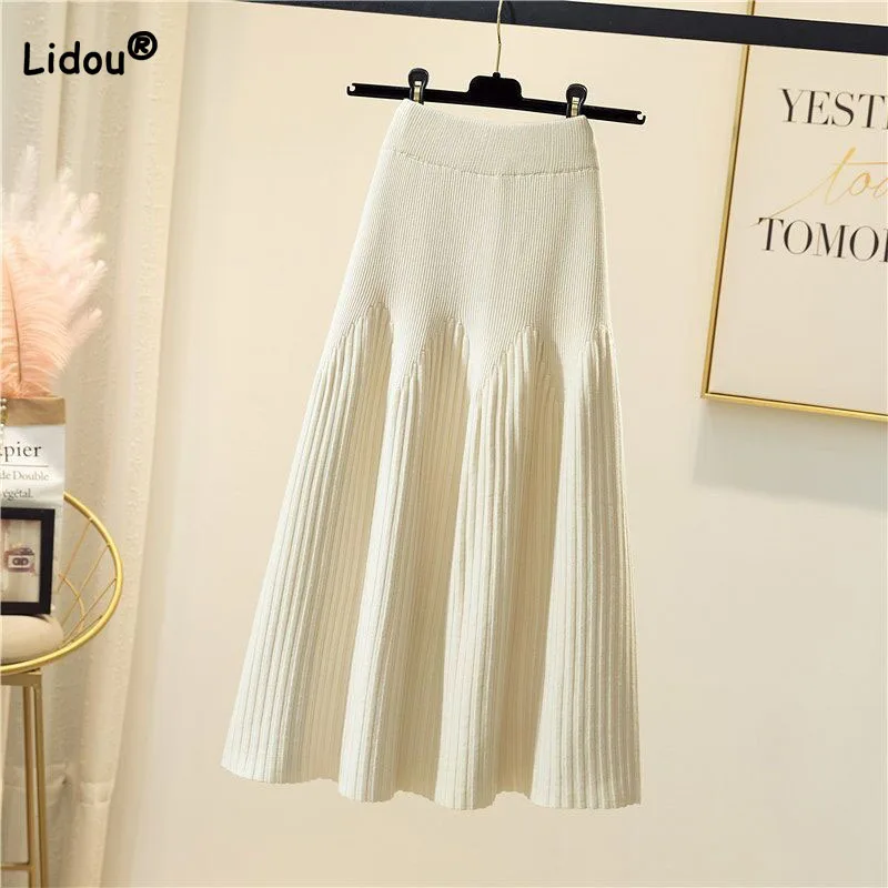 Elegant Fashion High Waist Knitted Pleated Skirt Women's Clothing Autumn Winter Slim All-match Female Solid Color A-Line Skirts