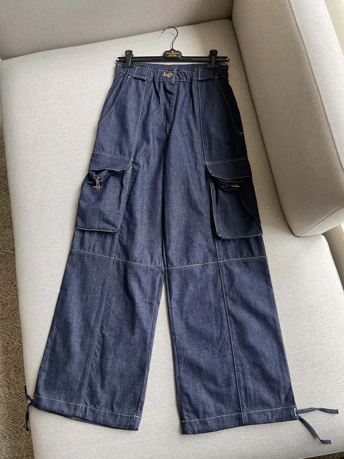 

Women Wide Leg Jeans Elastic Waist Zipper Pockets Straight Loose Denim Long Pants