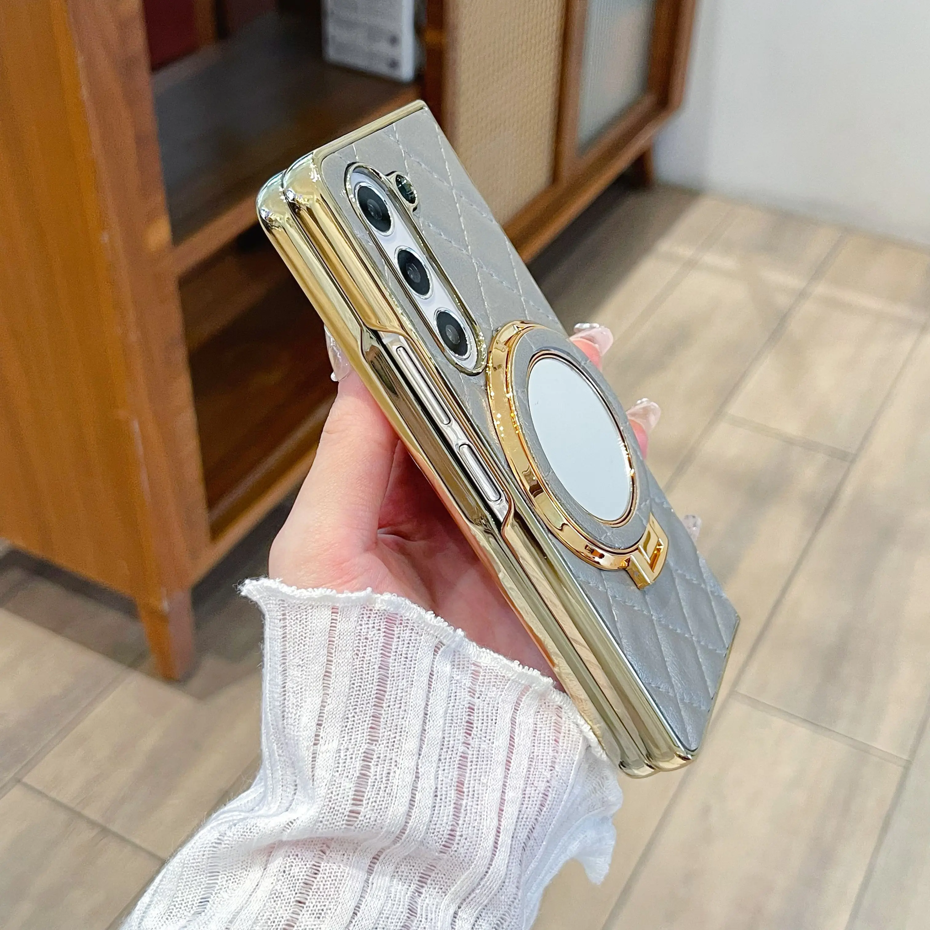 Luxury Leather Phone Case with Cosmetic Mirror Holder and Bracket