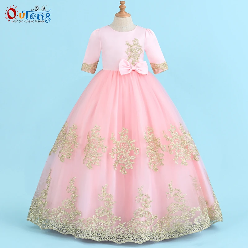 

Outong Golden Lines 1 / 2 Sleeves Party dresses for Weddings Elegant Cute Bow Girl's Ceremonial Dress 4Y 6Y 8Y 10Y 12Y Pink