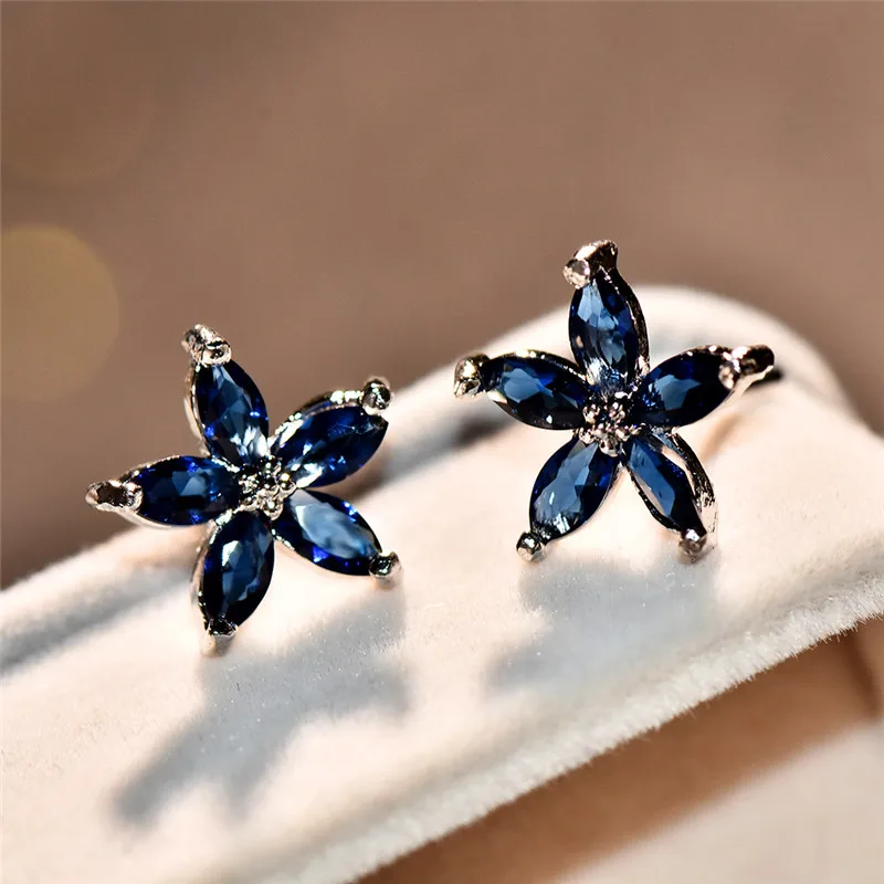 Cute Female Blue Zircon Stars Stud Earrings Multicolor Birthstone Crystal Silver Color Wedding Jewelry For Women