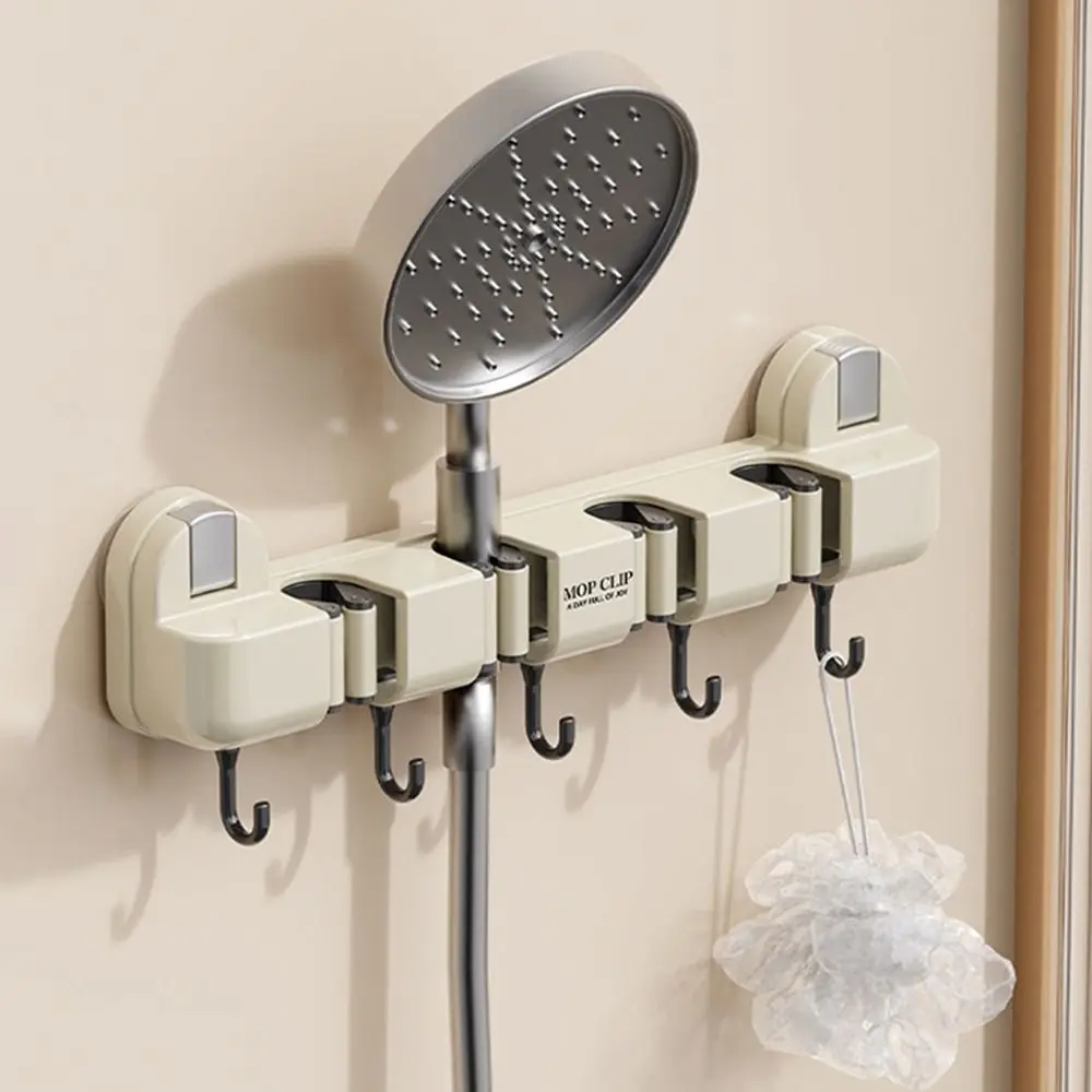 Practical Plastic Suction Cup Mop Clamp Non Punching 4 Position Mop Holder with Hook Space Saving Broom Hanger Bathroom
