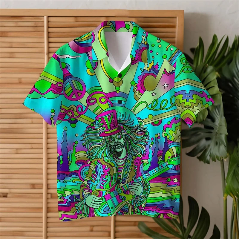 Colorful Guitar Hippie Men\'s Shirts Summer Fashion Streetwear Men Women T-shirt Ropa Hombre Daily Casual Short Sleeve Lapel Tops