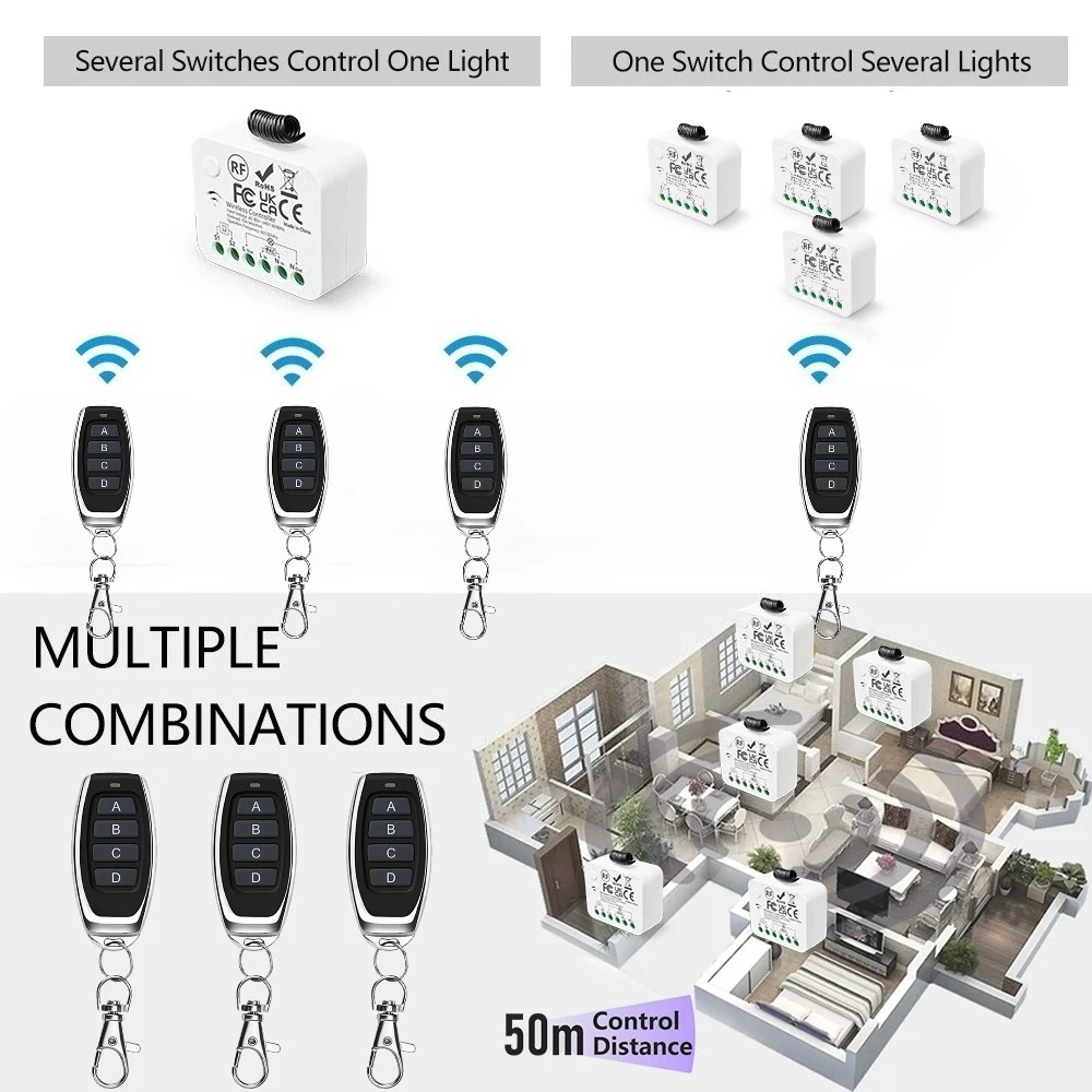 433Mhz 무선 스마트 라이트 스위치 리모컨 AC 110V 220V 230V 240V 10A 3000W 미니 릴레이 리시버 2방향 램프 조명 LED용