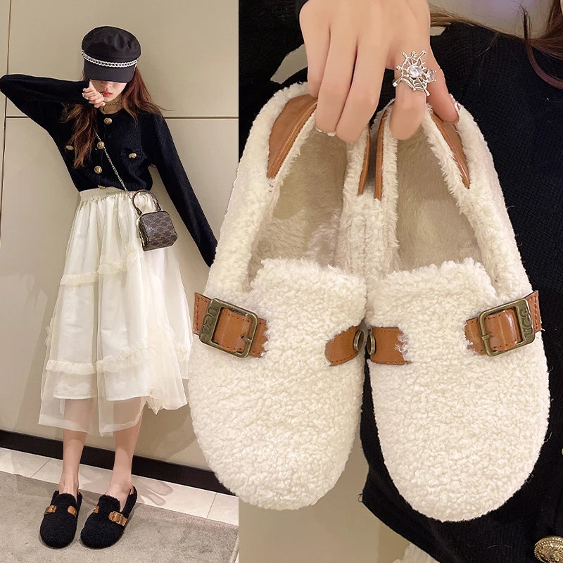 

Shoes Woman Flats Round Toe Loafers Fur Autumn Slip-on Casual Female Sneakers Shallow Mouth Dress New Winter Moccasin Fall
