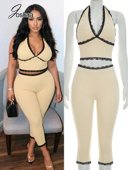 Joskaa Sexy Lace Trim 2 Piece Set Women Ribbed Knit Halter Tie Back Crop Top and  High Waist Capri Pants Matching Streetwear