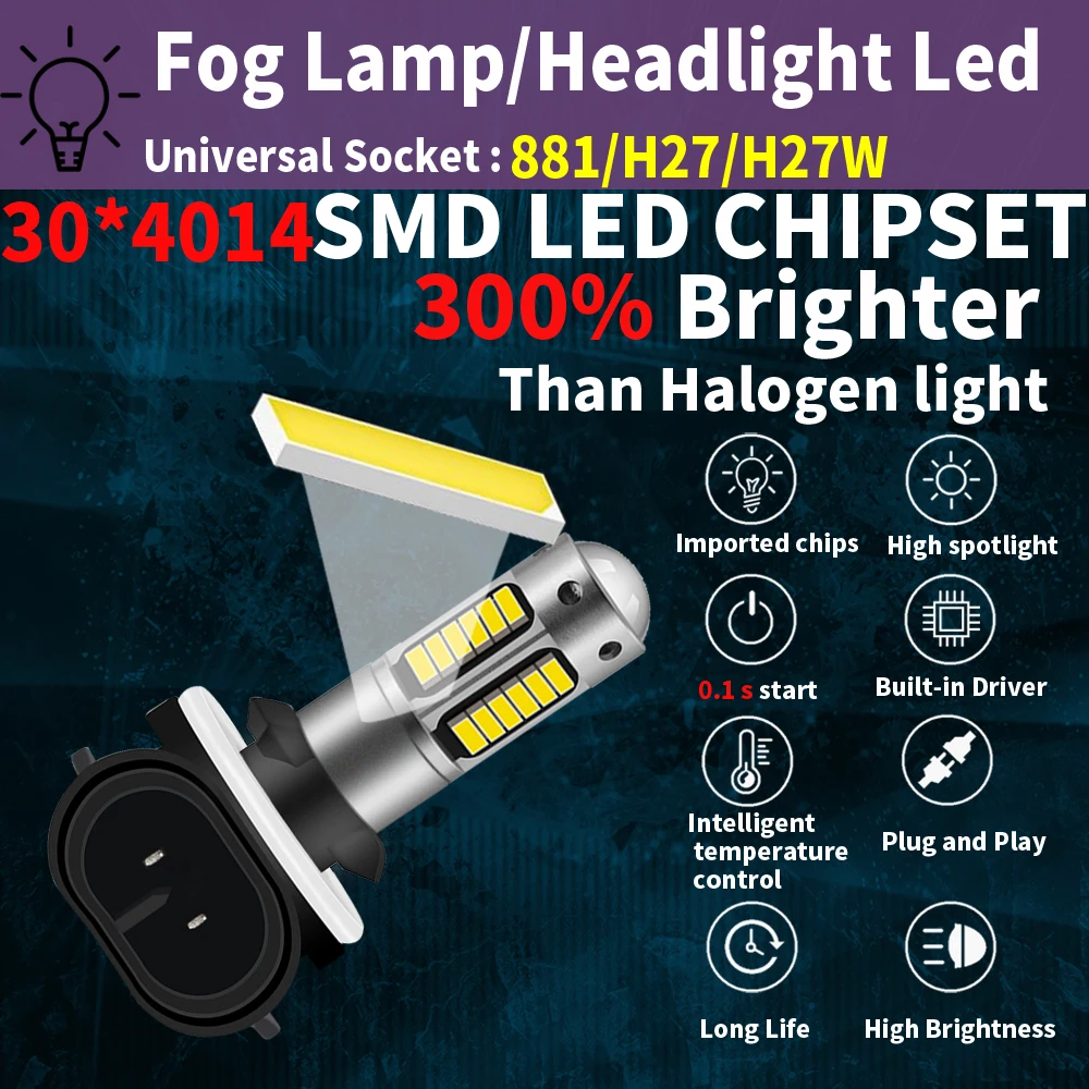 2개 H27W/2 881 H27 PGJ13 LED 12V 헤드라이트 캔버스 오류 없음 화이트 모토 안개등 자동차 터보 다이오드 전구 어댑터 불필요