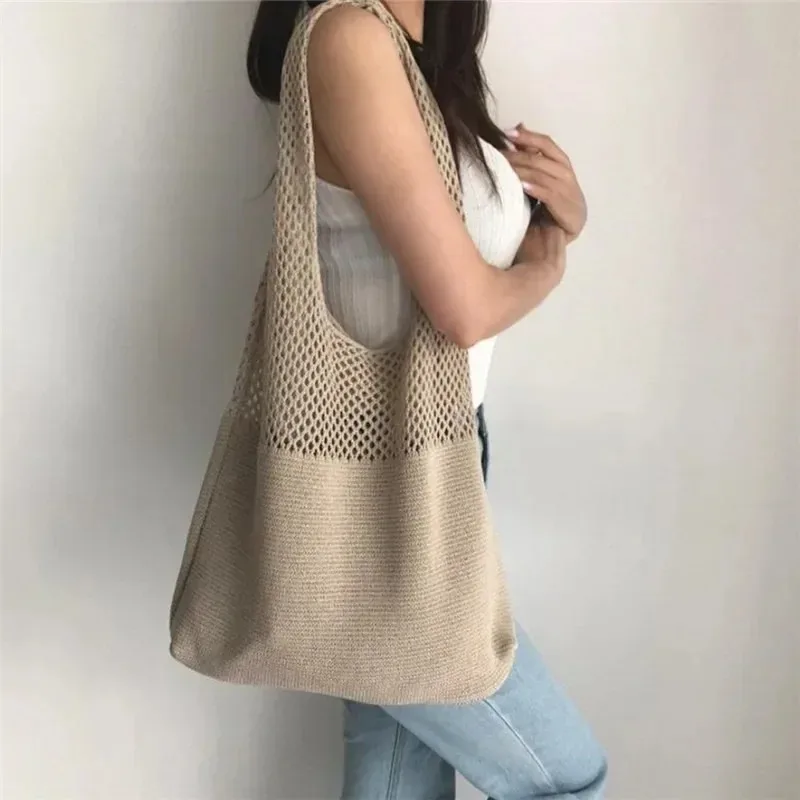 Chic Simple Retro Hollow Tote Bag Stylish Hollow Out Knitted Shoulder Bag Weave Handbag Shopping Bag for Women Daily Collocation