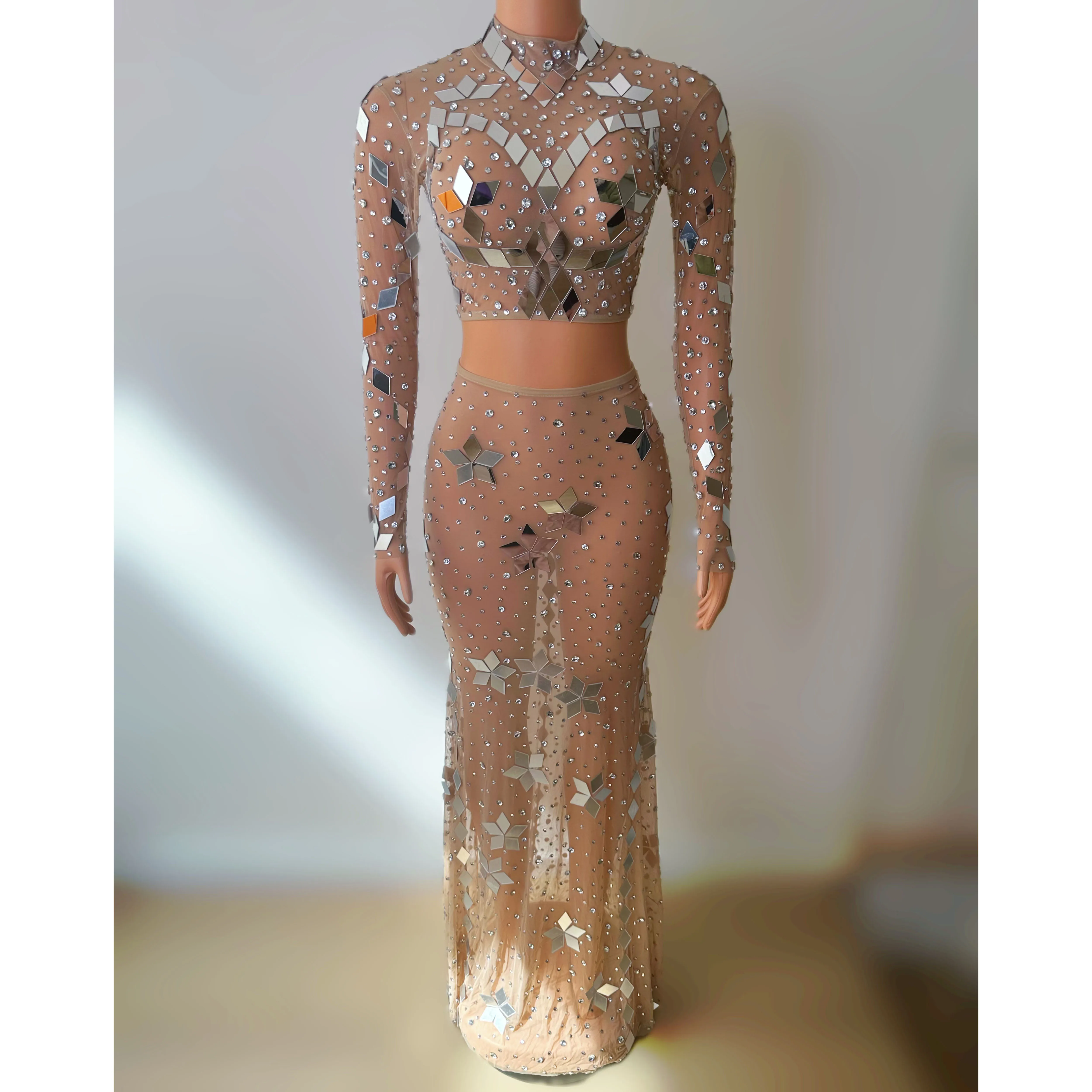 

Female Gogo Dance Clothes Nightclub Party Dresses Dancehall Queen Outfit Long Sleeve Crop Top Long Skirt Glitter Costume