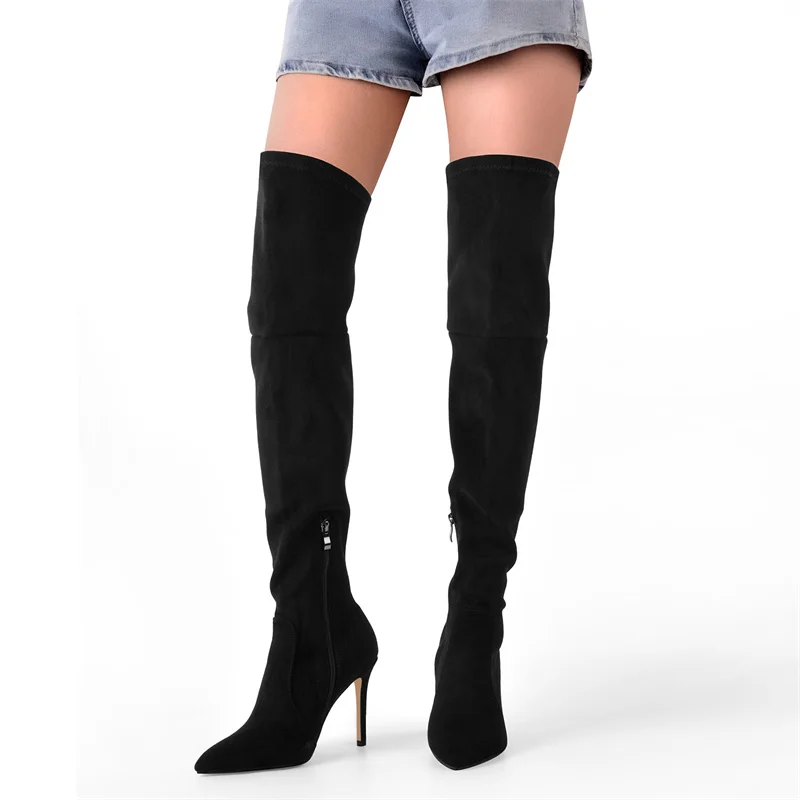 Stivali sopra il ginocchio con plateau Stivali alti alla coscia da donna in tessuto elastico con punta tonda e tacco a spillo