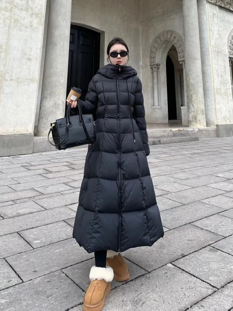 

Black Ultra-Long over-the-Knee to Ankle Goose Down Down Jacket Women's Thickened Cinched Slim-Fit Hood Coat