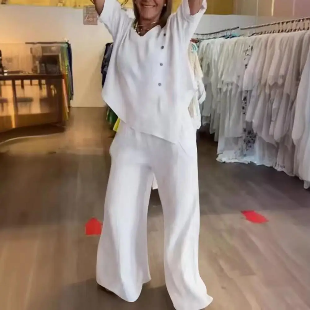 Lady T-shirt Pants Set Retro Lady Outfit Stylish 2-piece Set with Irregular Hem Top Wide Leg Trousers Loose-fitting Elastic