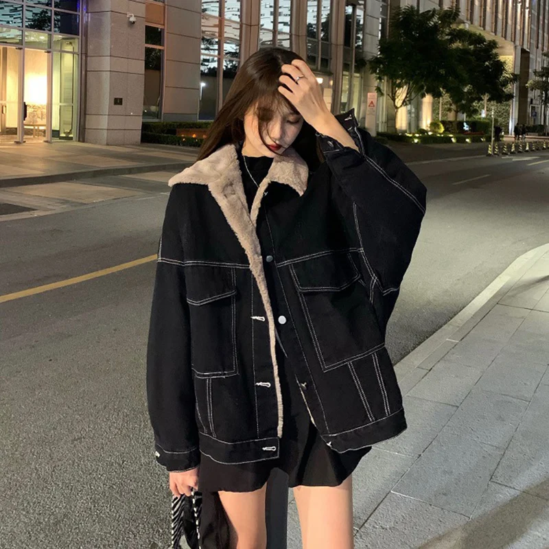 

GIDYQ Korean Loose Thickened Denim Jacket Women Fashion Lapel Black Casual Warm Coat BF All Match Cotton Padded Outwear Winter