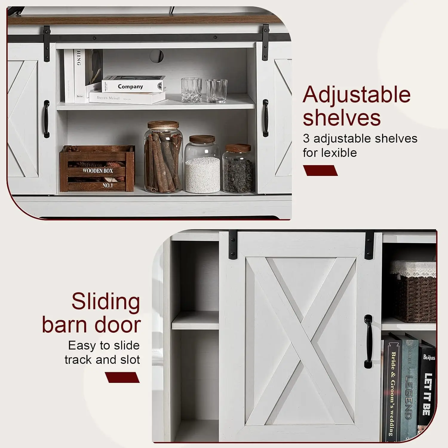 4-Piece Farmhouse Table Set Includes Sliding Barn Door TV Stand, Coffee Table& Two End Tables, Side Table with Charging Station 4