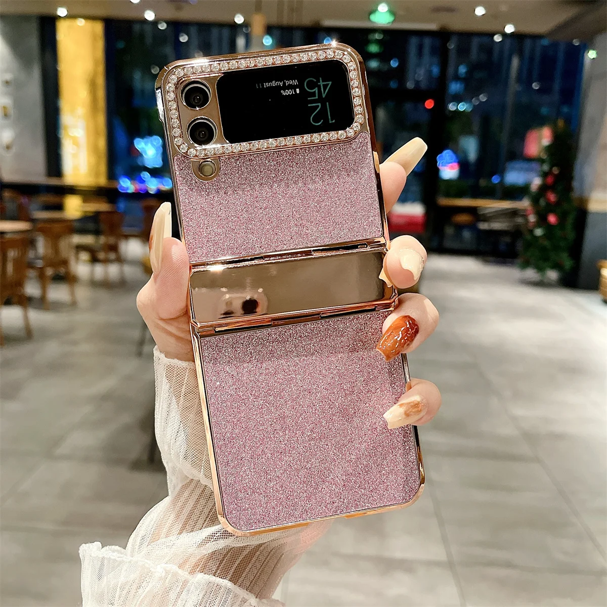 Coque de téléphone Samsung Galaxy Z Flip 5 4 3 5G, garniture en cuir Pu scintillante avec strass, charnière plaquée, couverture arrière en plastique_voghion.com