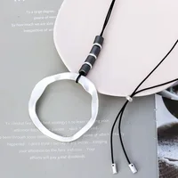 Amorcome Simple Geometric Round Metal Circles Pendant Necklace Adjustable Leather Chain Long Necklace for Women Boho Jewelry
