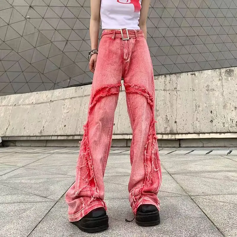 아메리칸 스타일 빈티지 워싱 원시 엣지 패션 하이 웨이스트 캐주얼 바지 와이드 레그 청바지 여성용 Y2k, 스트리트웨어 배기 핑크 팬츠