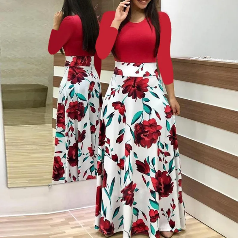 

Vestidos De Mujer Casual Summer Women Robe Floral Long Sleeve Maxi Dress Block Polka Dot Patchwork Size S-5XL Robe Sexy Femme
