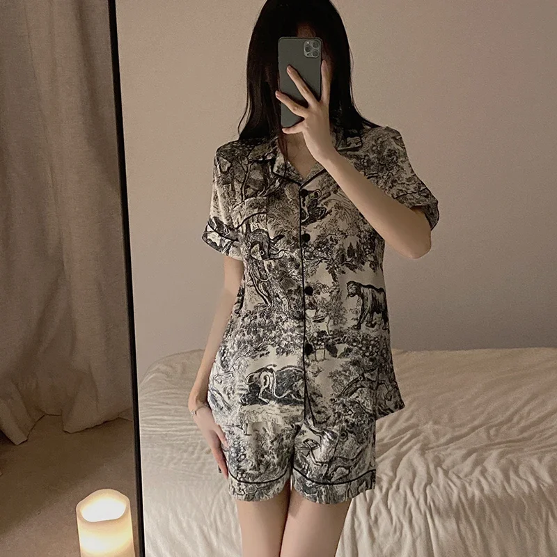 Ice Silk Pajamas Women's Spring Simple Ink Painting Shirts Trousers Two-piece Lapel Cardigan Women's Luxury Casual Home Wear