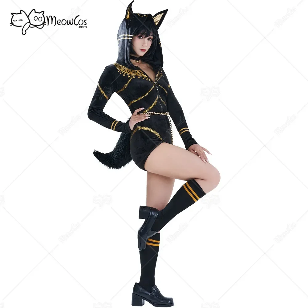 

Meowcos Dark Anubis Style Bodycon Romper Pajama 3D Ear Long Sleeve Zipper Bodycon Cat Jumpsuit Sleepwear with Choker and Socks