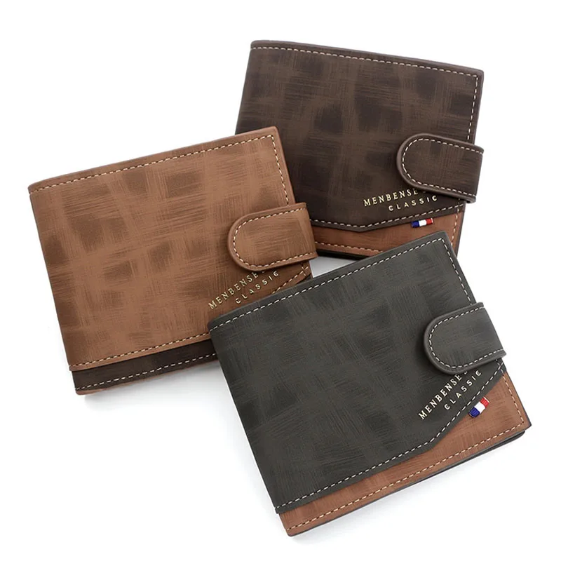 New pattern Men's wallet Korean version gold stamping printing short style buckle hinge three fold bag frosted men's wallet