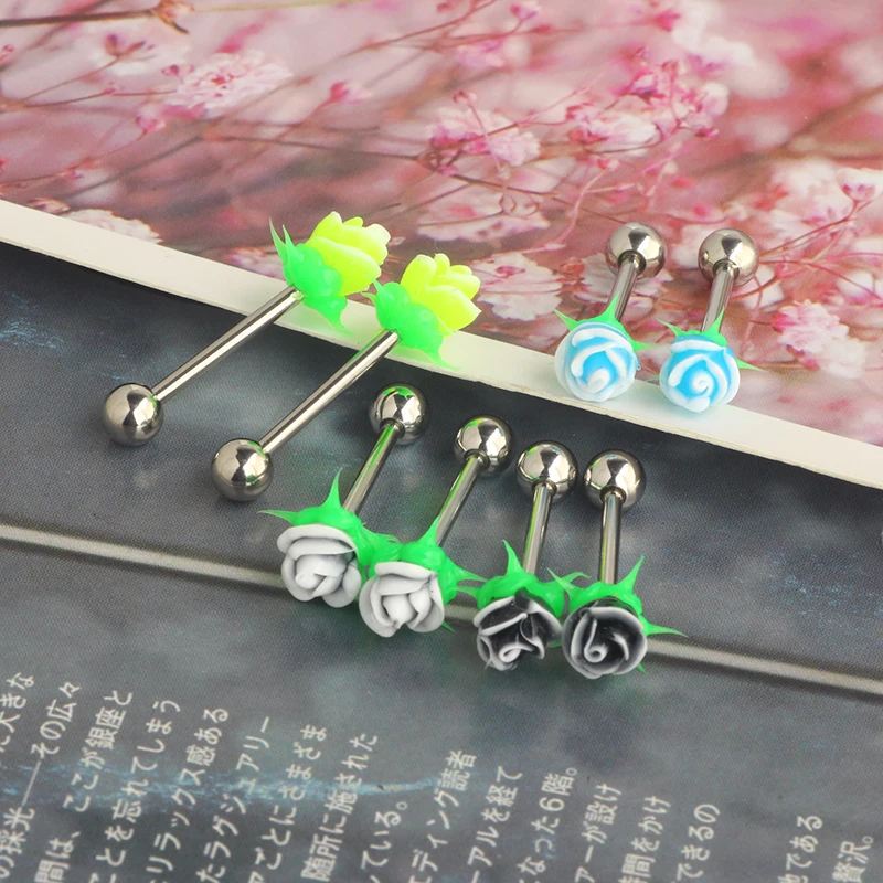 silicone rose flower Tongue Piercing Jewelry Tongue Rings for Women straight barbell 16mm tongue bar nipple rings for women men