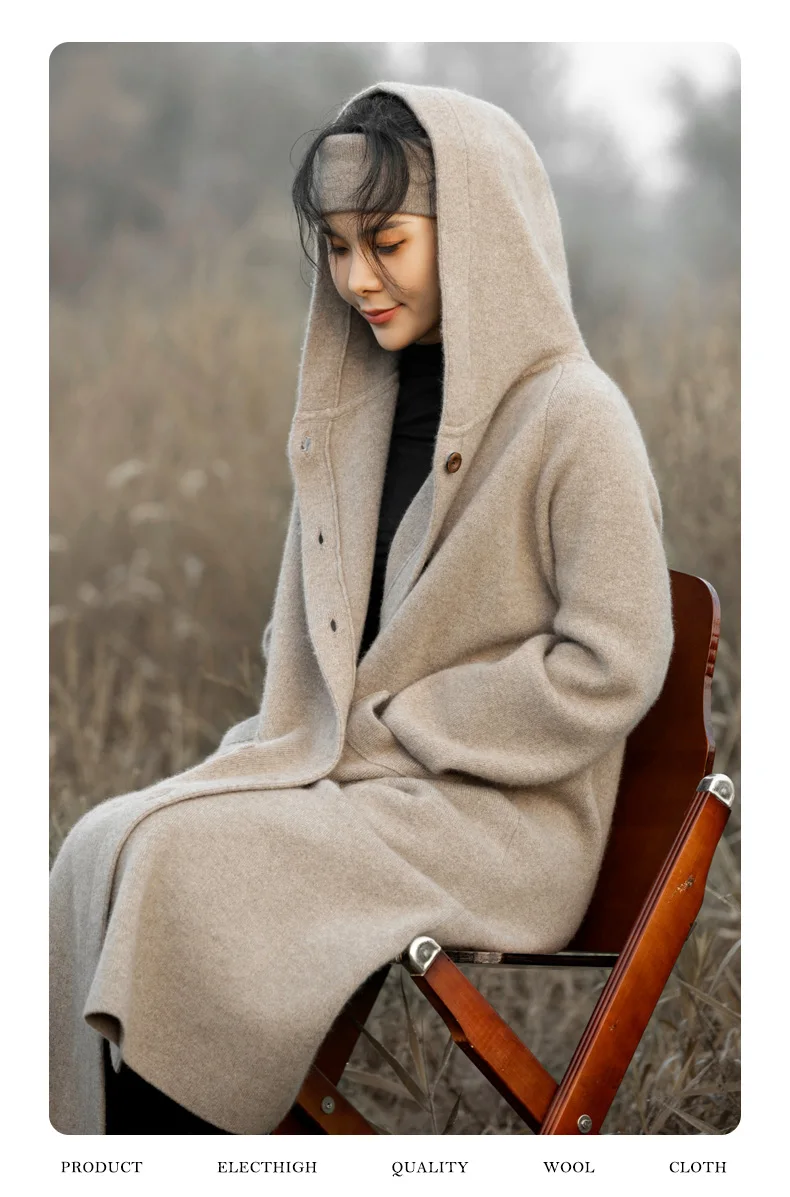 Pure Wool Coat Women's Loose Long Knee-Length Hooded Double-Sided Cashmere Medium Long Pocket Woolen Coat