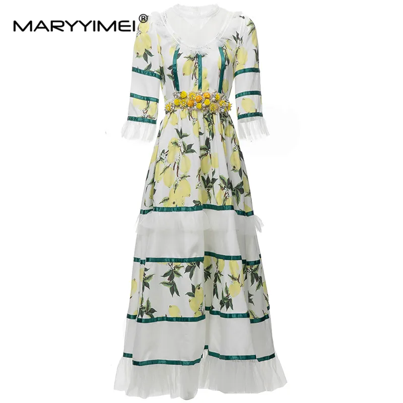 

MARYYIMEI New Fashion Runway Designer Women's Clothing Round Neck Short-Sleeved Belt Colorful Diamonds Printed High Street Dress