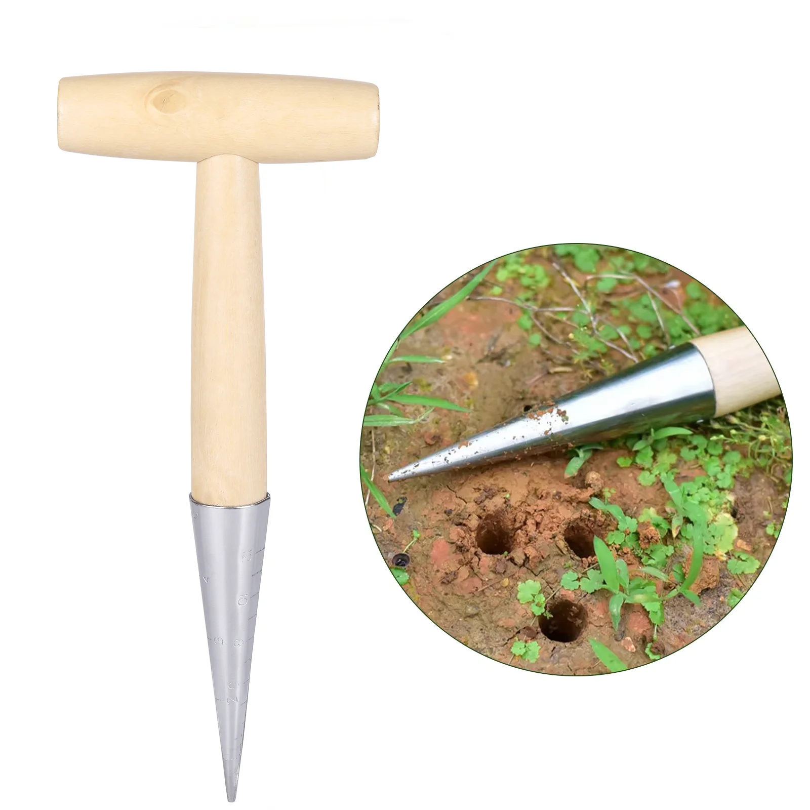 Wood Handle Hand Sow Dibbler Digger Seedling Bulbs Transplanting Tool Gardening Digging Hole Punch Tool Flower Vegetable Planter