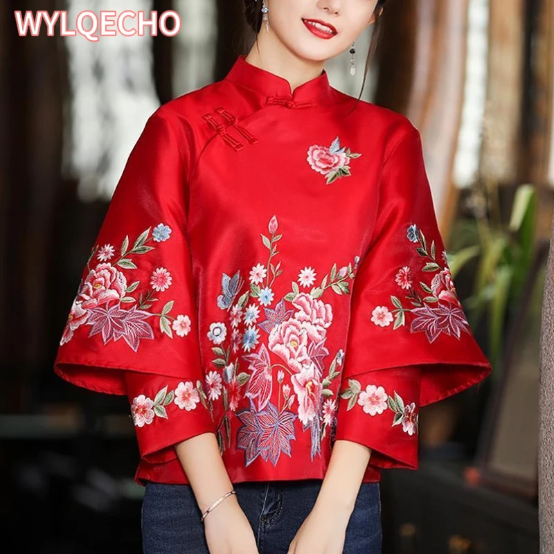 Autumn Ethnic Style Tang Suit Coat Vintage Harajuku Embroidery Chinese Tops Women Large Size Blouse Elegant Loose Female Shirt