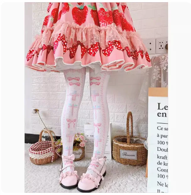 

Sweet Kawaii Soft Girl Bowtie Printed Over Knee Stocking Velvet Lolita Princess Sweet Harajuku Harajuku Thigh high Socks Spring