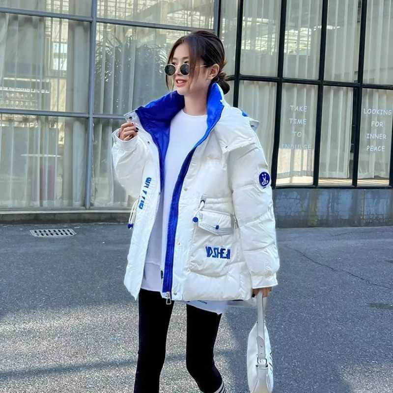 2023 New Women Down Cotton Coat Winter Jacket Female Keep Warm Thick Parkas Loose Short Outwear Fashion Bright Hooded Overcoat