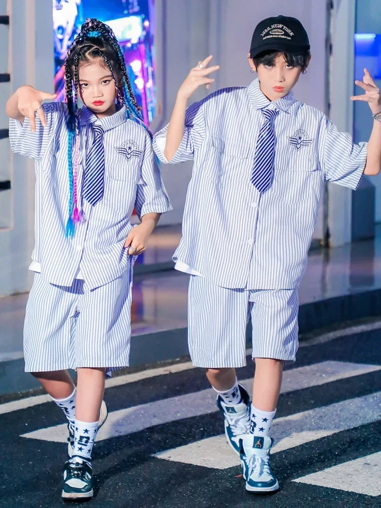 

Summer Boys Street Dance Clothing Striped Shirt Shorts Children Hip Hop Performance Costume Girls Jazz Dance Clothes BL11145