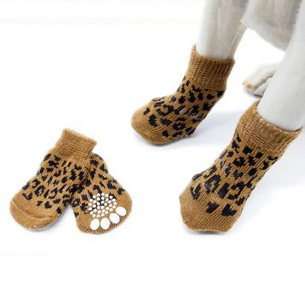 

4pcs Knitted Dog Booties Cozy Pet Shoes Anti-slip Pet Socks Pet Paw Protector Warm Knit Puppy Socks for Small Dogs