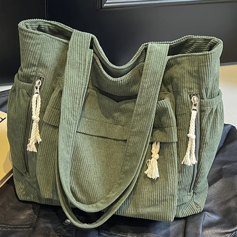 Women'S Large Capacity Corduroy Tote Bag  Heavy-Duty Multi-Compartment Handbag Shoulder Bag with Fixed Strap & Zipper Closure