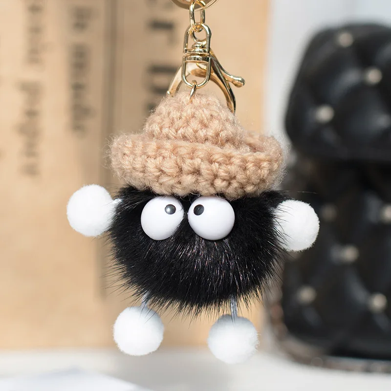 Cute Pluff Monster Keychain Real Mink Fur Key Chains For Women Bag