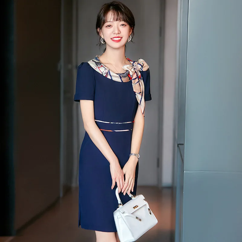 

Летние Элегантные платья с коротким рукавом, Женская Деловая одежда, офисное модное стильное платье, деловые облегающие бедра, платья с шарфом