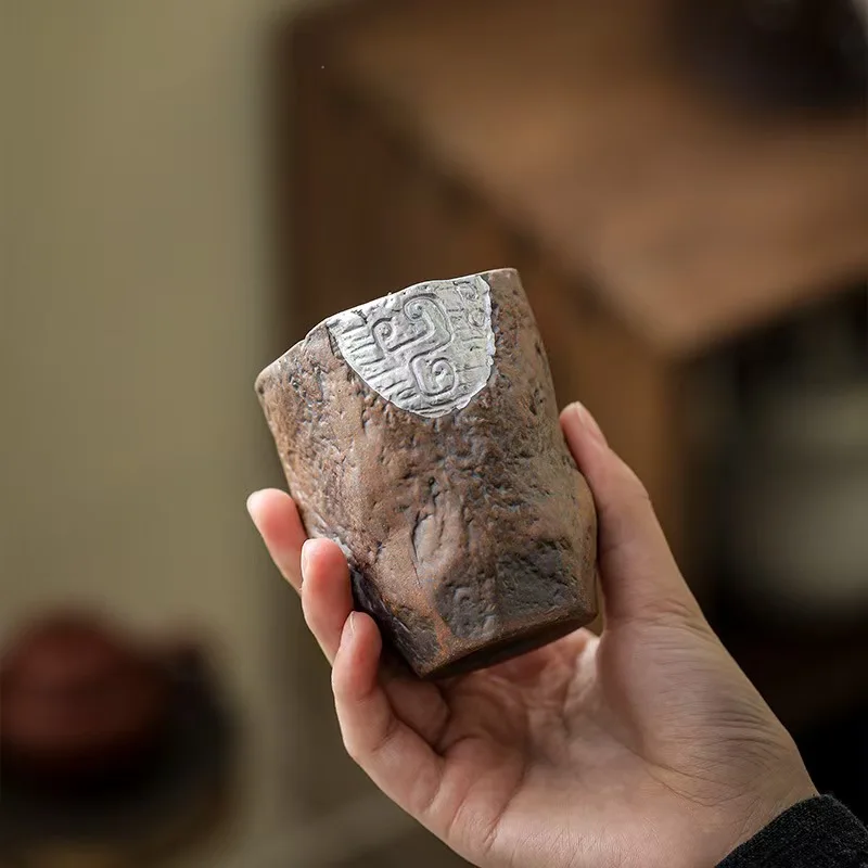 Pure Handmade Coarse Pottery Tea Cup Old Rock Mud Silver Teacup Household Ceramic Kung Fu Tea Set Master Cup Mug