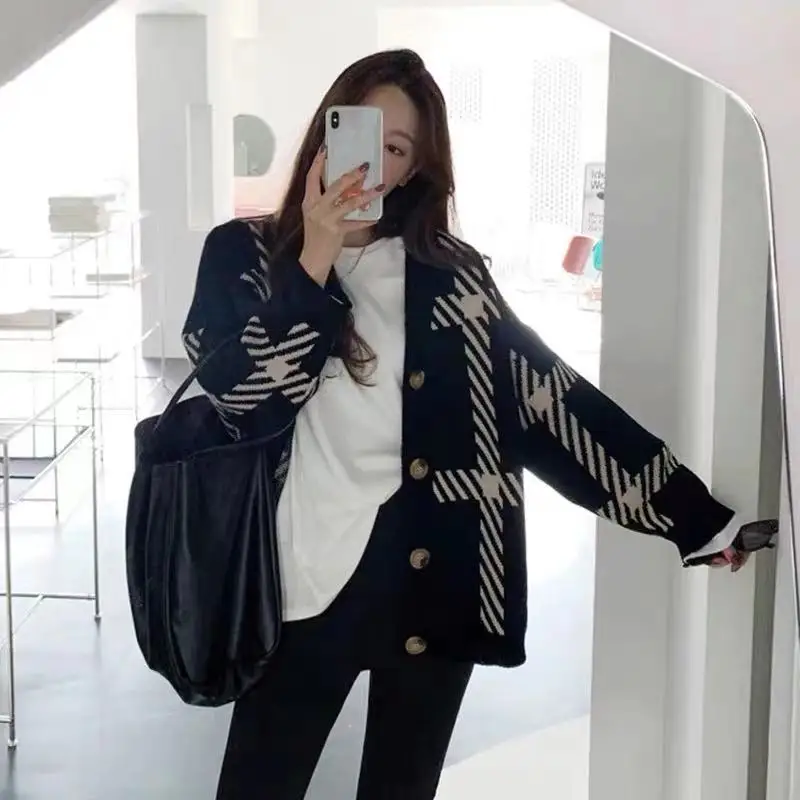 New Black Striped Knitted Cardigan Women's Spring and Autumn Fashion Loose Lazy Style Simple Versatile Sweater Jacket
