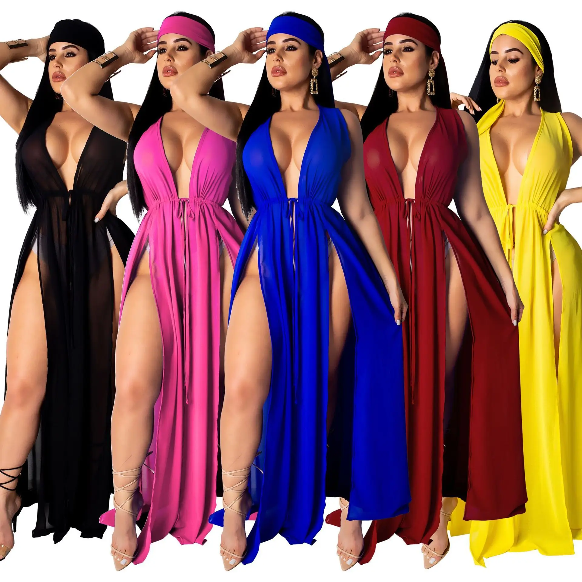 Loose Chiffon Beach Dress Sexy Women Solid Elegant Split Summer Maxi Dress Vestidos 1