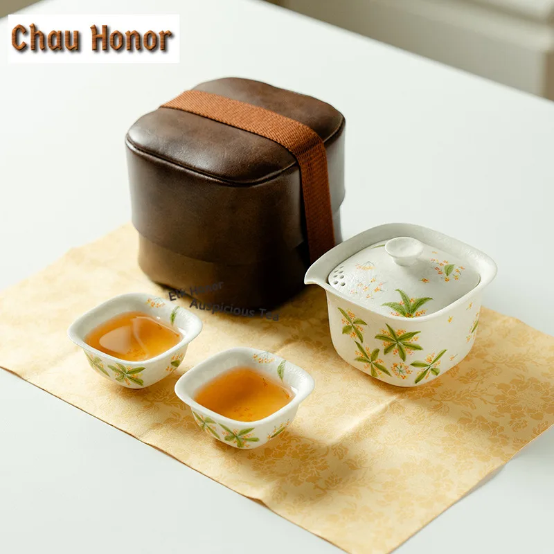 Hand-painted Osmanthus Flowers Travel Tea Set Kit Antique 1 Pot 2 Cups Tea Brewing Organizer Portable Picnic Tote Bag Decoration