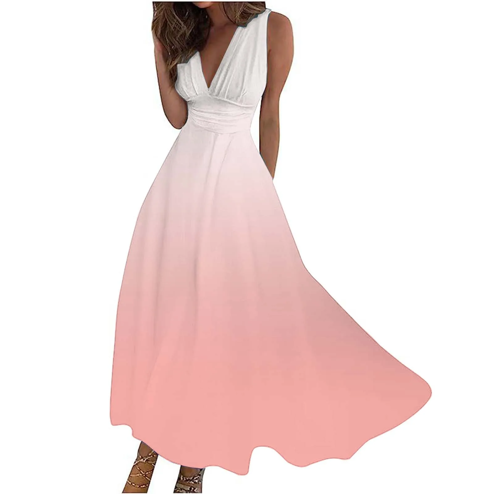 

Casual Summer Dresses Women's Gradient Printed V Neck Waist Sleeveless A Line Loose Holiday Style Beach High Side Split Dress