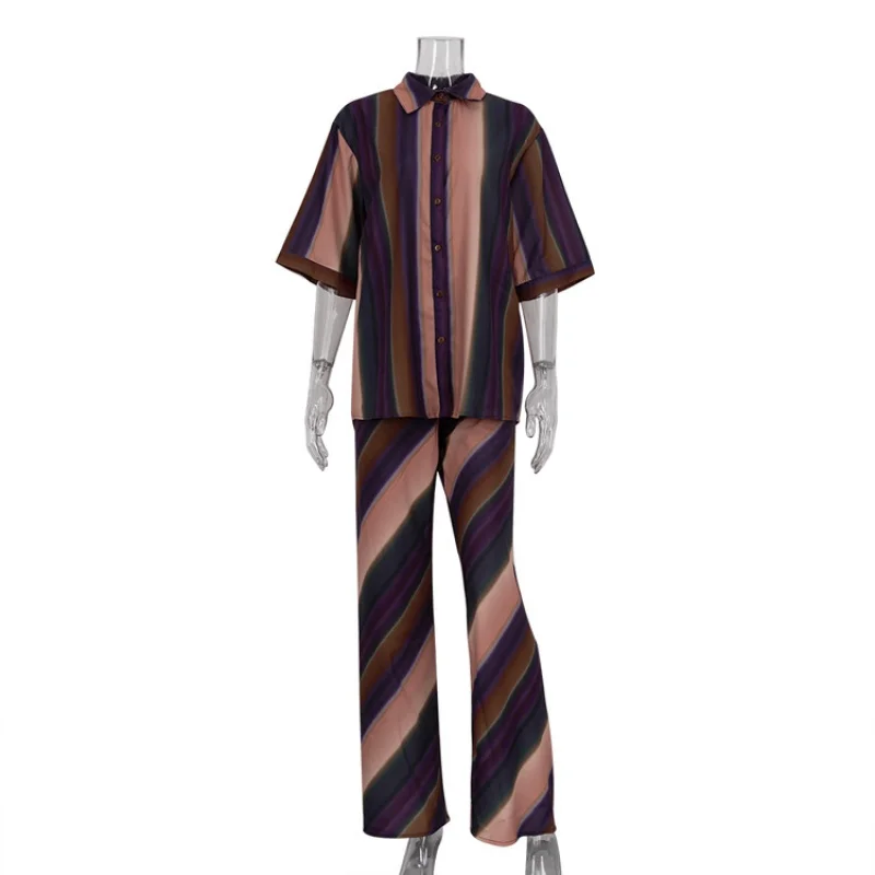 Summer New Casual Suit Women's Five-Quarter Sleeve Striped Printed Shirt High Waist Trousers Two-Piece SuitWlj