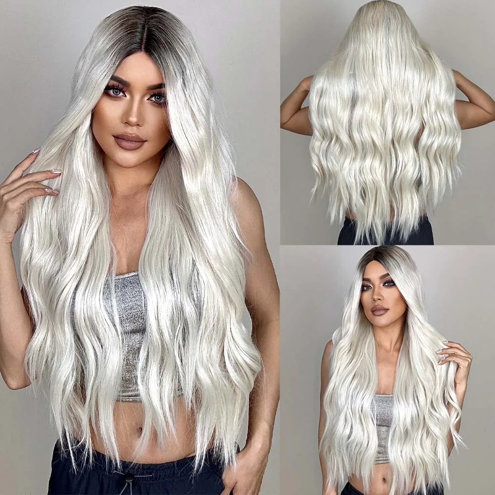 

Platinum Blonde Ombre Brown Lace Front Wigs Long Water Wavy Middle Part Lace Synthetic Wig Heat Resistant for Women Party Hairs