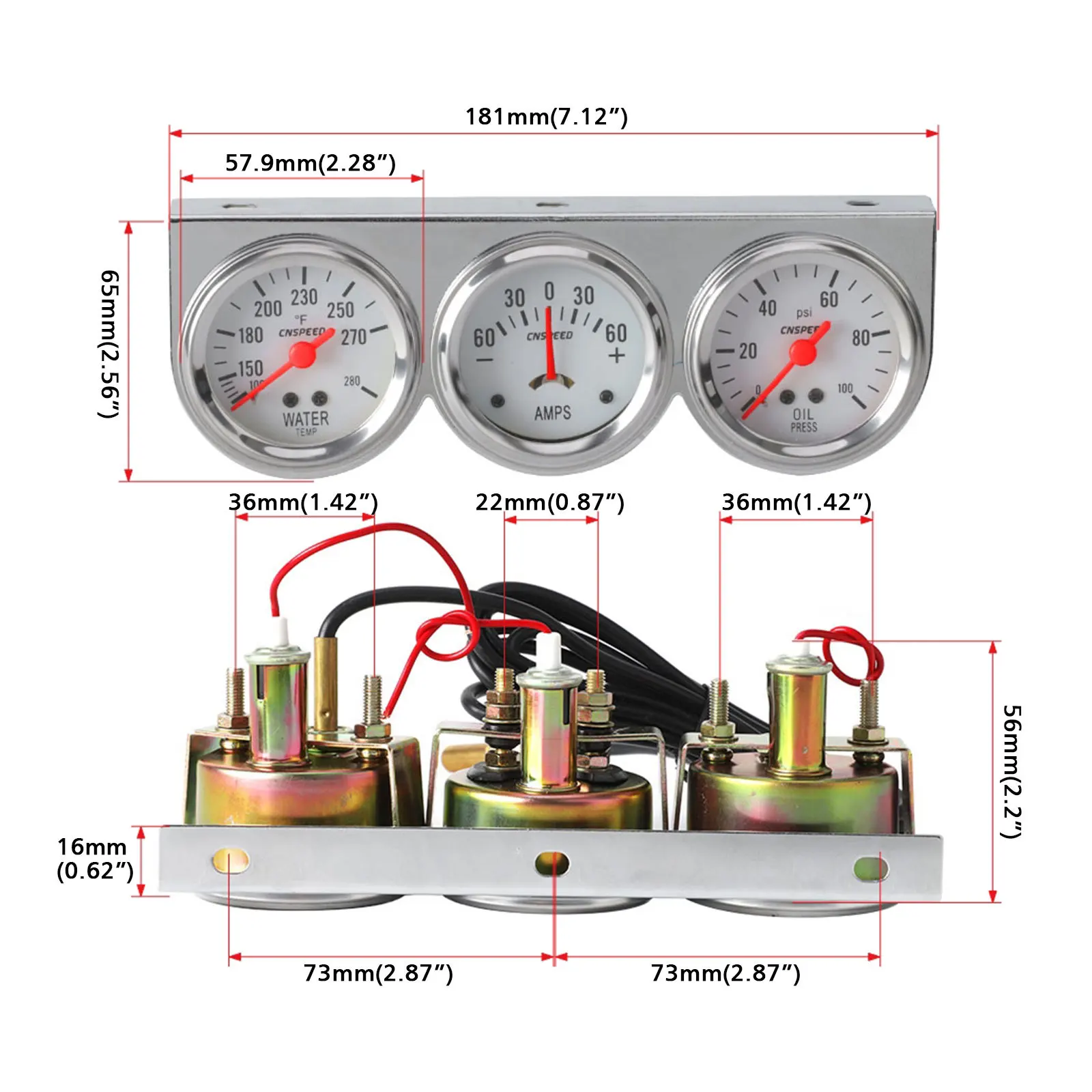52mm Triple Gauge Set Oil Pressure Water Temp Amp Meter 2