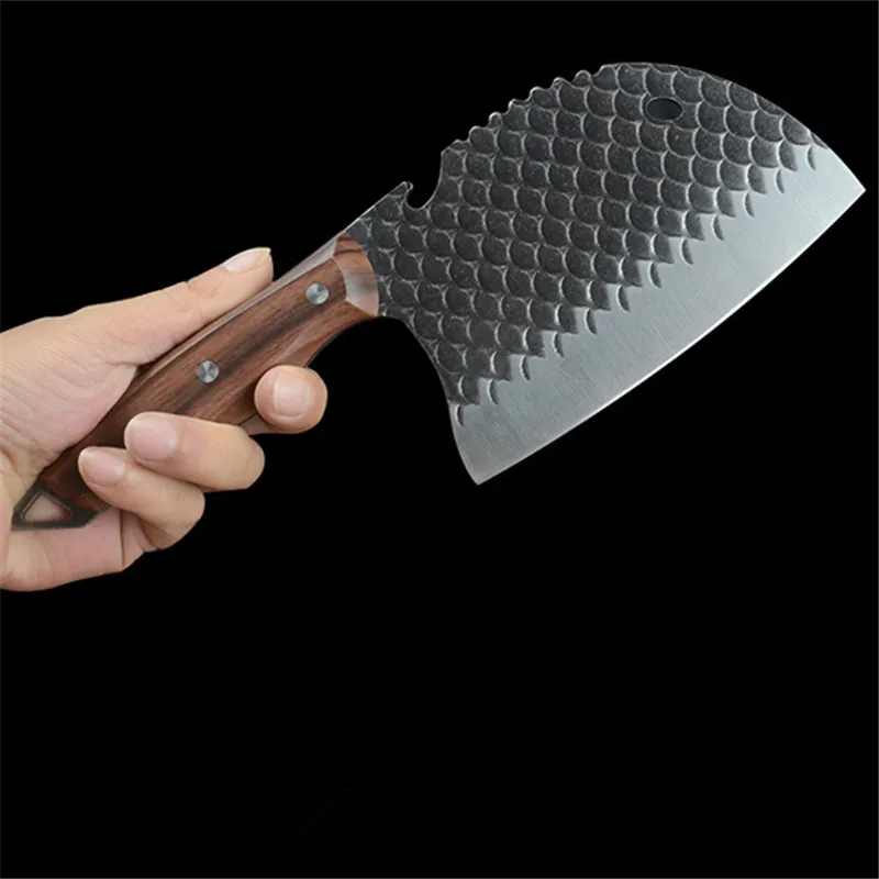 Meat Cleaver Knife Heavy Duty, 6 inch Full Tang Sharp Serbian Chef Knife, High Carbon Steel Cutting Knife with Leather Sheath for Kitchen Camping BBQ