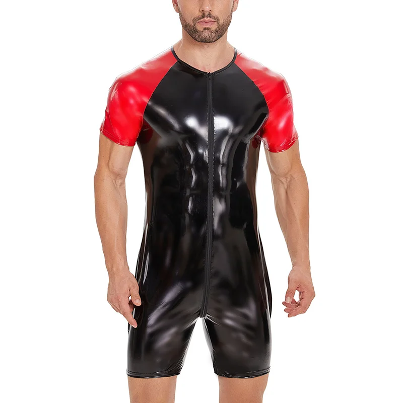 S to 7XL Shiny PVC Leather Jumpsuit for Men Short Sleeve Sexy Open Crotch Slim Fit Tight Bodysuit Zip One Piece Catsuit Clubwear