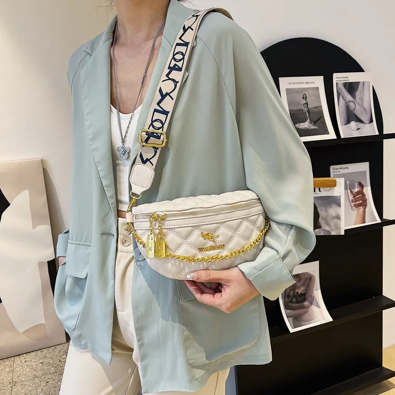 Rhombus Women'S Bag Chain Fanny Pack Ladies Crossbody Chest Bag Waist Packs Ladies Casual Soft Leather Messenger Shoulder Bag